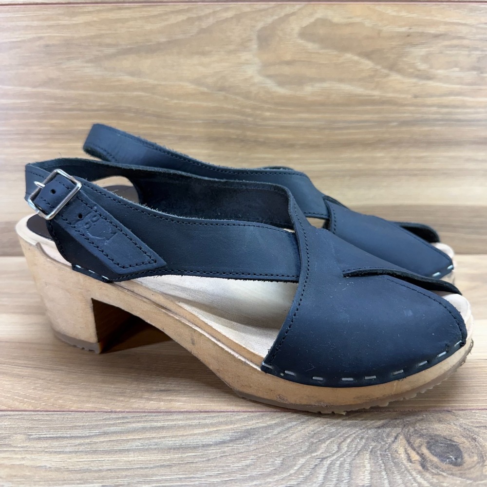 Sandgrens Monroe Slingback Heel Sandals 9.5 EU 40 Black Nubuck Cross Strap Chunk